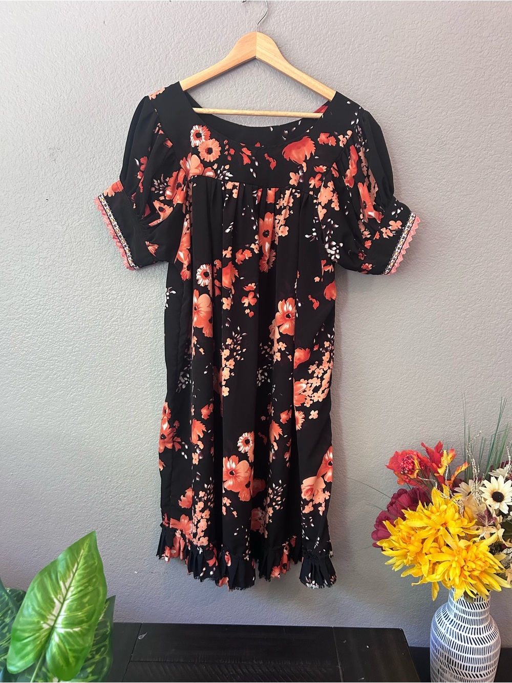 Black Floral Off-Shoulder Midi Dress with Ruffle Hem
